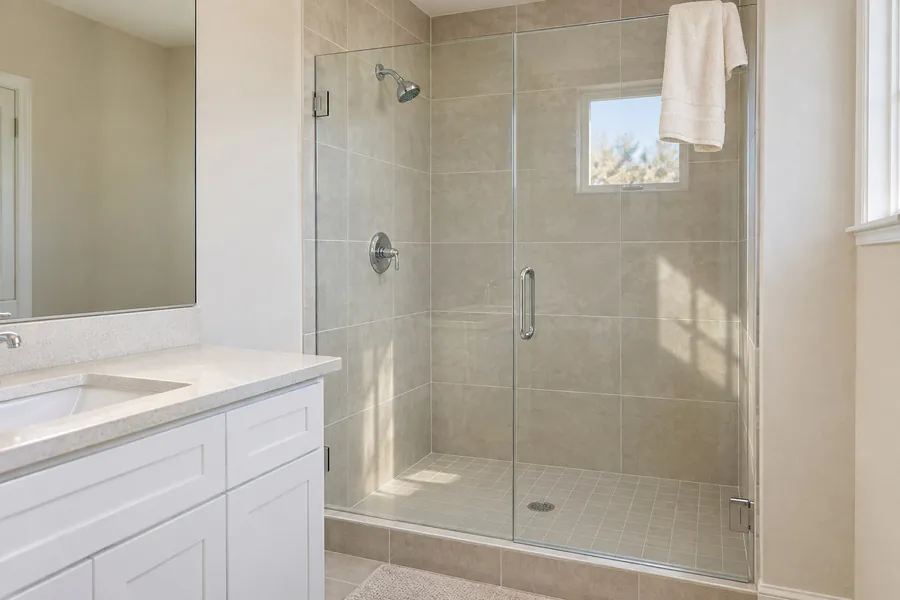 A clear glass shower door and bright tile.