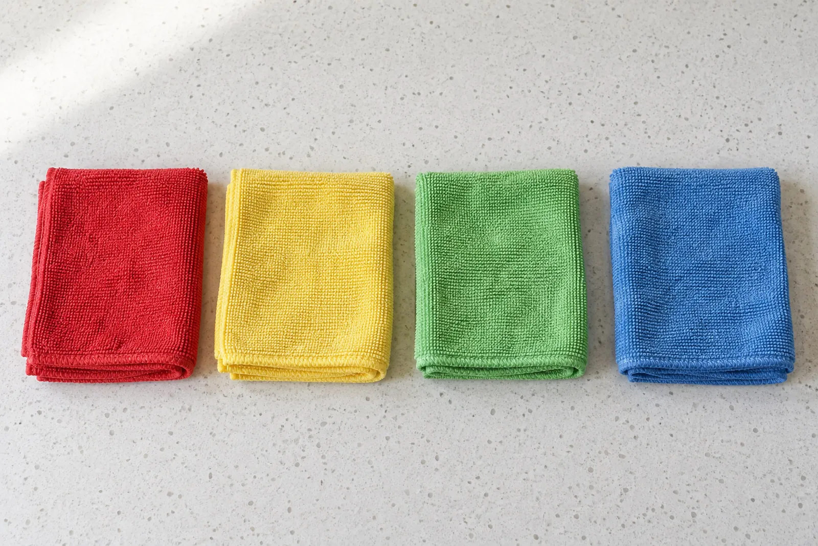 Four folded microfiber cloths, each a different colour.