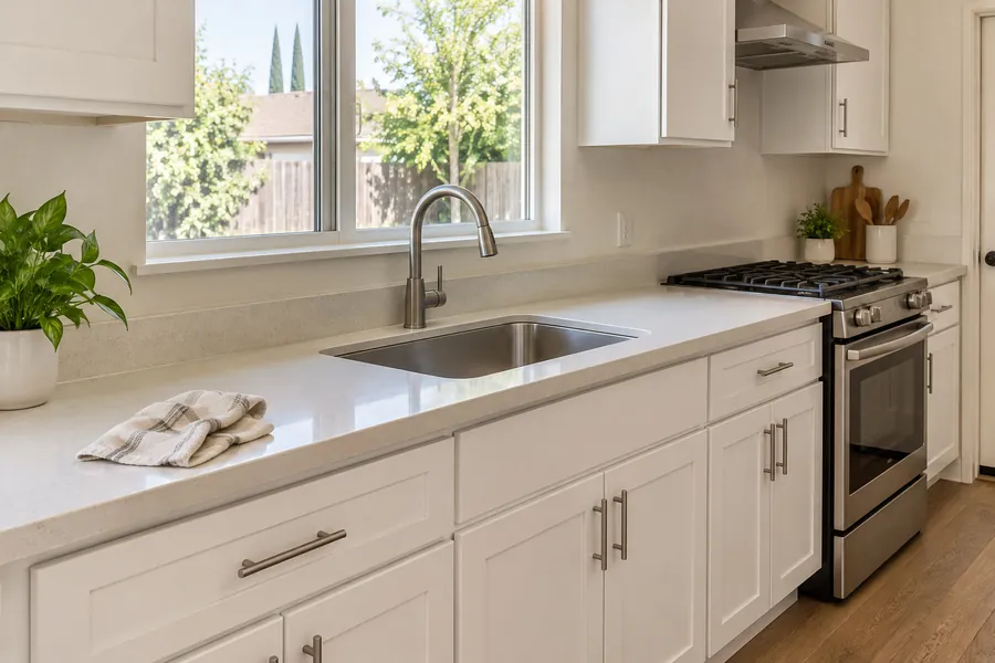 A wiped kitchen counter with a shining faucet.